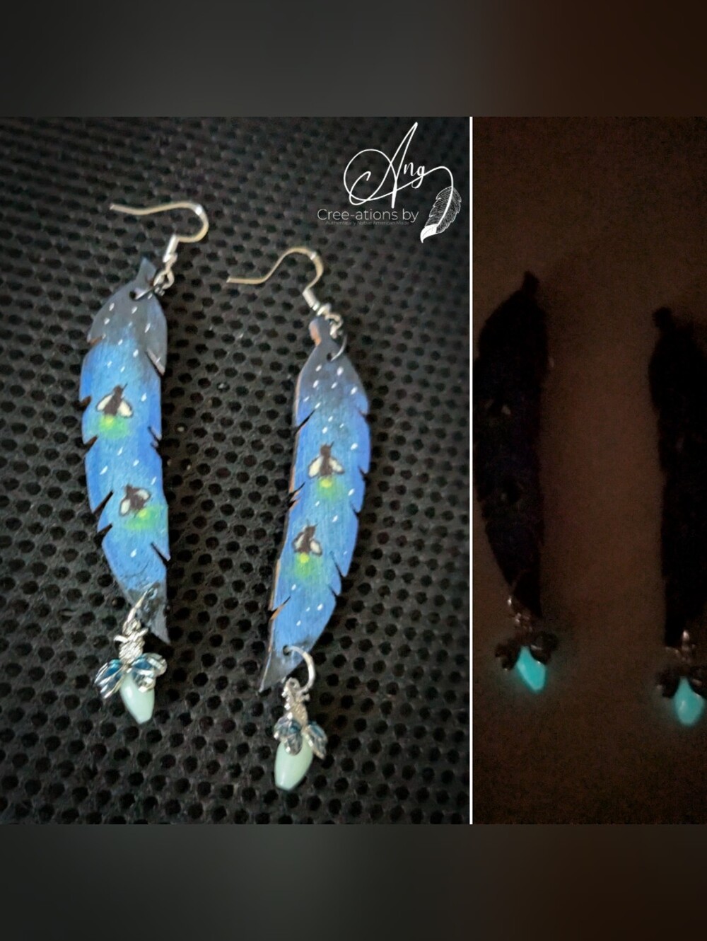 Hand-Painted Glow In The Dark Firefly Wooden Feather Earrings